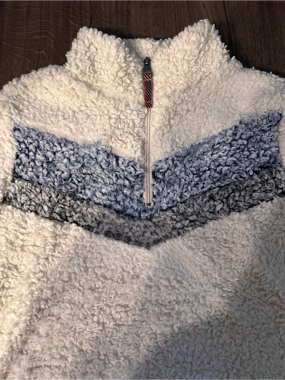 2/$15 Cream Pocketed Sherpa Pullover with Blue-Gray Chevron - Picture 3 of 9